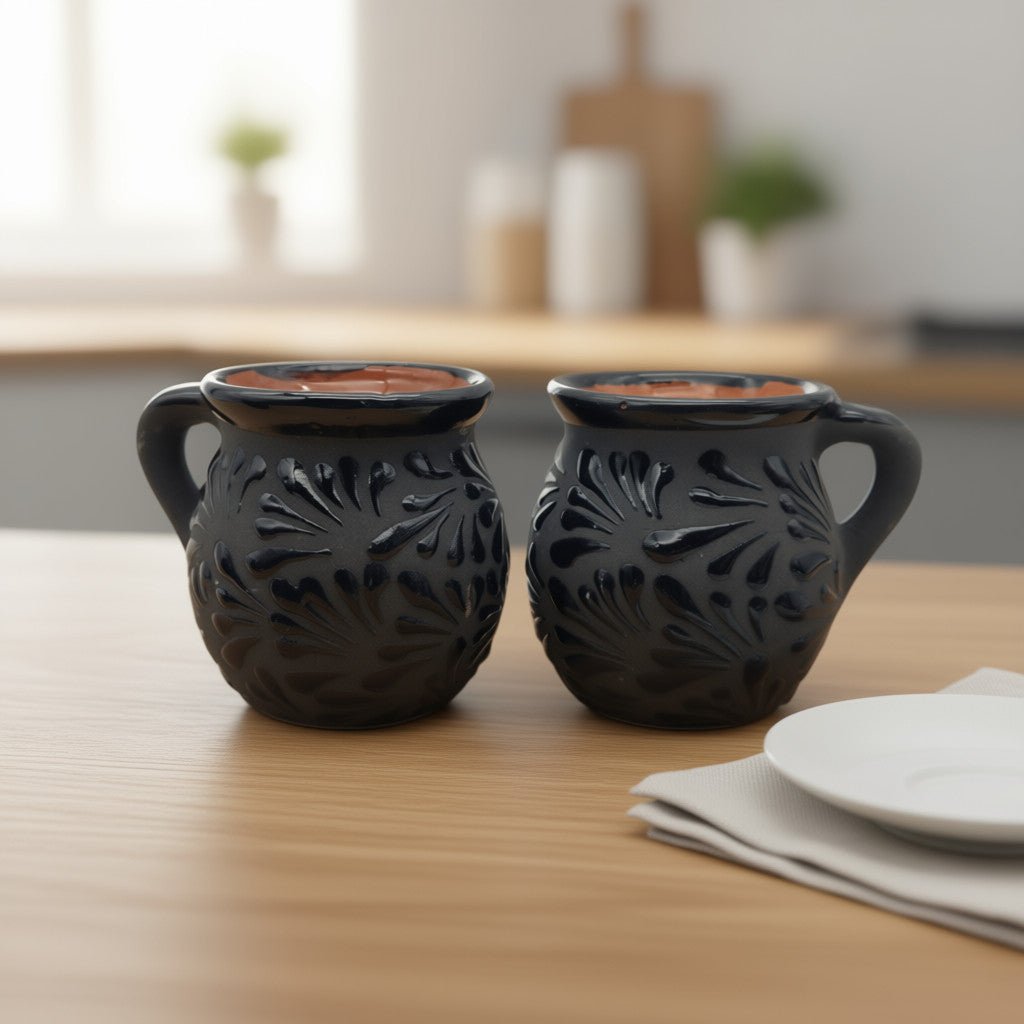 Black Talavera Jarrito Mug | Handmade Mexican Clay Coffee Cup Talavera Mug La Vie Bien Black Talavera Jarrito Mug | Handmade Mexican Clay Coffee Cup