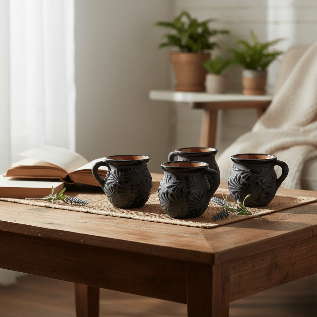 Black Talavera Jarrito Mug | Handmade Mexican Clay Coffee Cup Talavera Mug La Vie Bien Black Talavera Jarrito Mug | Handmade Mexican Clay Coffee Cup