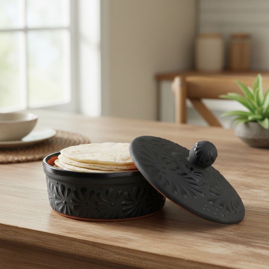 Black Talavera Tortilla Keeper | Handmade Ceramic Warmer Talavera Tortilla Warmer La Vie Bien Black Talavera Tortilla Keeper | Handmade Ceramic Warmer