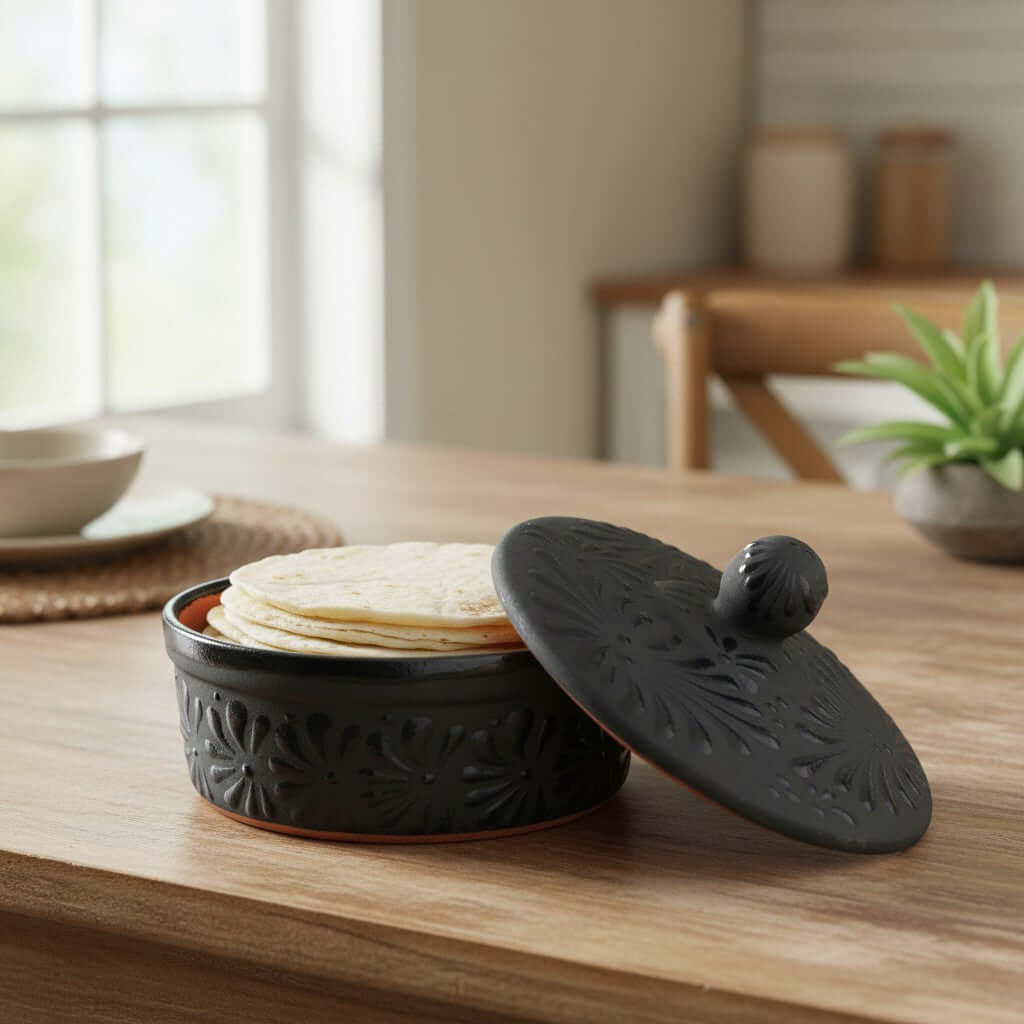 Black Talavera Tortilla Keeper | Handmade Ceramic Warmer