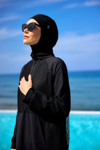 Black Tulle Detail Full Coverage Swimwear Burkini M2534-1 Covered Burkini Swimwear La Vie Bien Black Tulle Detail Full Coverage Swimwear Burkini M2534-1