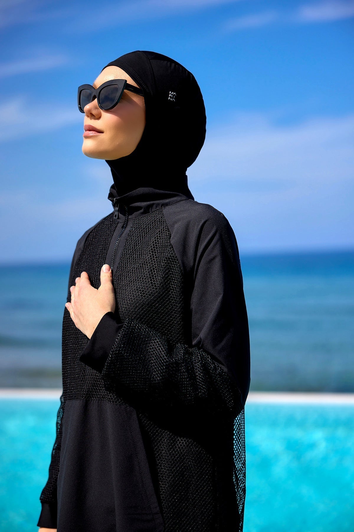 Black Tulle Detail Full Coverage Swimwear Burkini M2534-1 Covered Burkini Swimwear La Vie Bien Black Tulle Detail Full Coverage Swimwear Burkini M2534-1