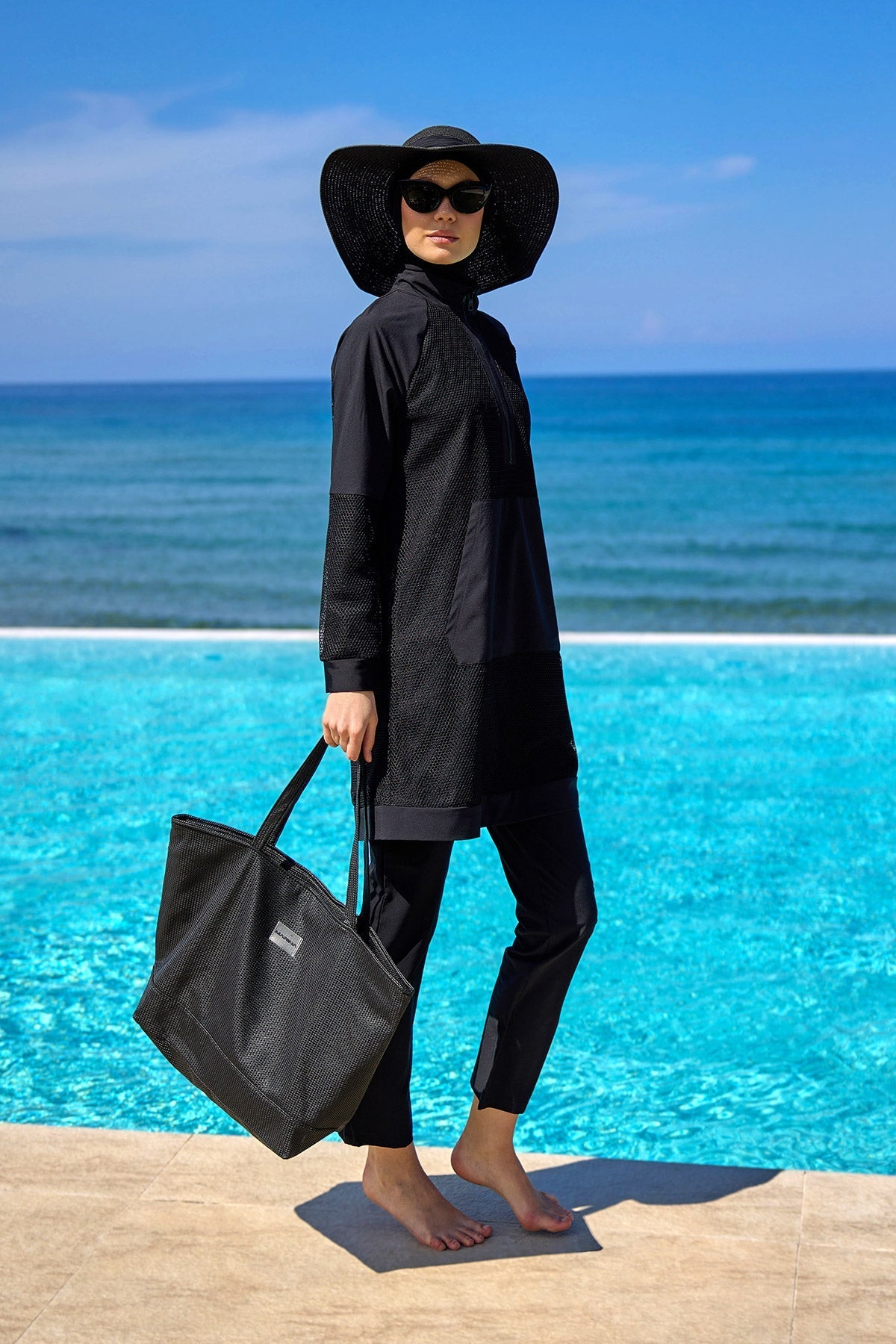 Black Tulle Detail Full Coverage Swimwear Burkini M2534-1 Covered Burkini Swimwear La Vie Bien Black Tulle Detail Full Coverage Swimwear Burkini M2534-1