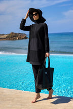 Black Tulle Detail Full Coverage Swimwear Burkini M2534-1 Covered Burkini Swimwear La Vie Bien Black Tulle Detail Full Coverage Swimwear Burkini M2534-1