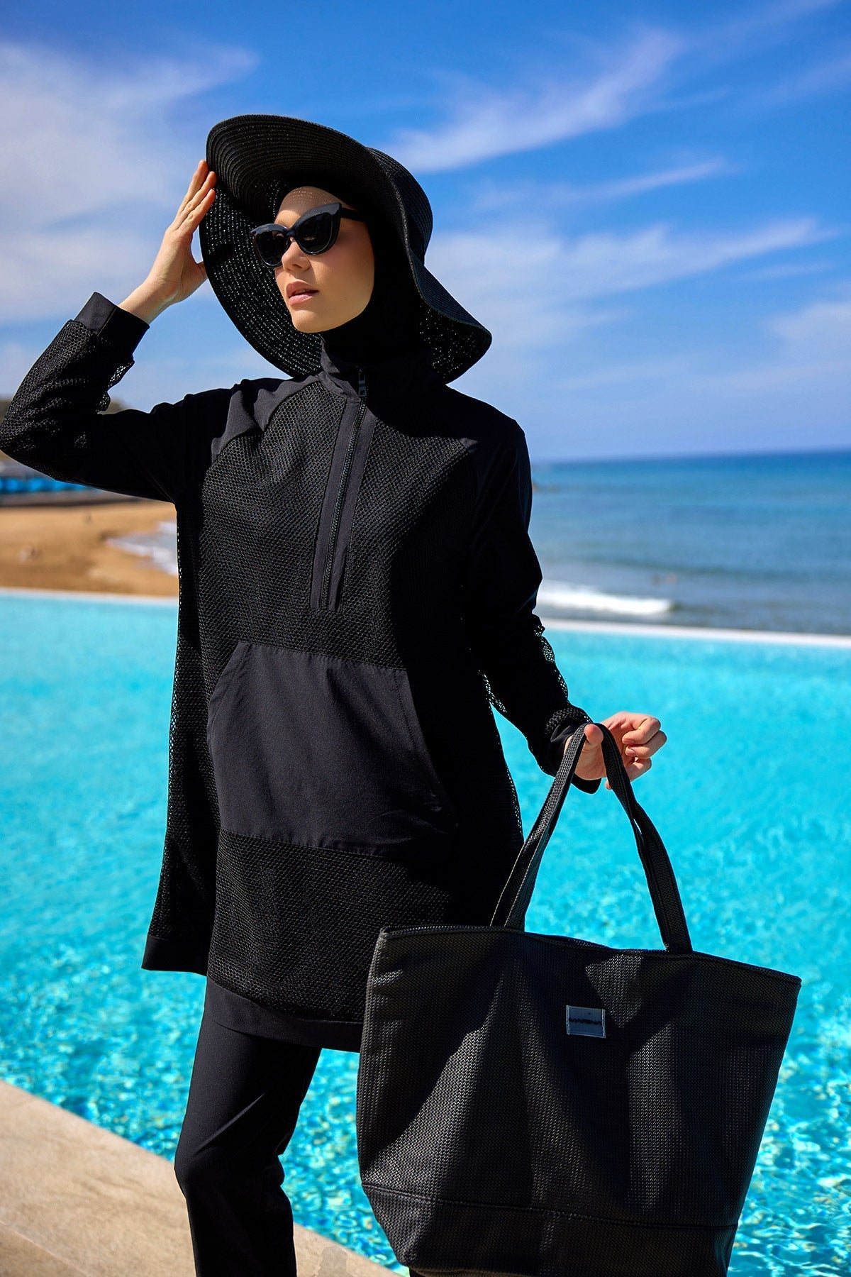 Black Tulle Detail Full Coverage Swimwear Burkini M2534-1 Covered Burkini Swimwear La Vie Bien Black Tulle Detail Full Coverage Swimwear Burkini M2534-1