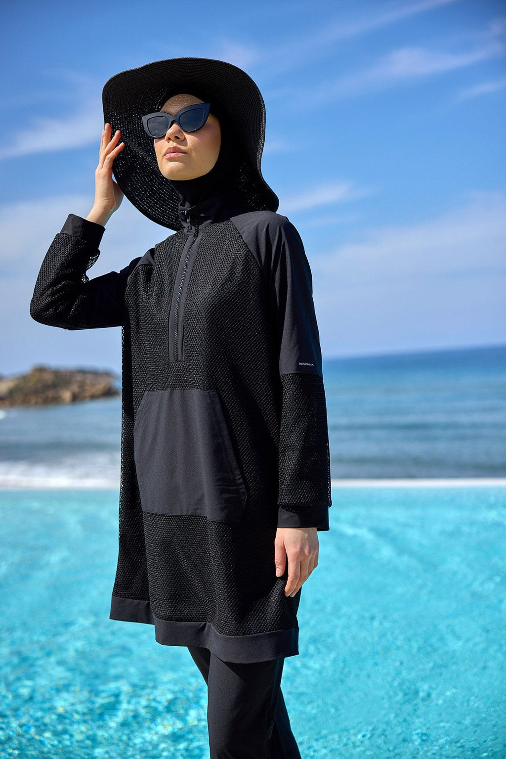 Black Tulle Detail Full Coverage Swimwear Burkini M2534-1 Covered Burkini Swimwear La Vie Bien Black Tulle Detail Full Coverage Swimwear Burkini M2534-1
