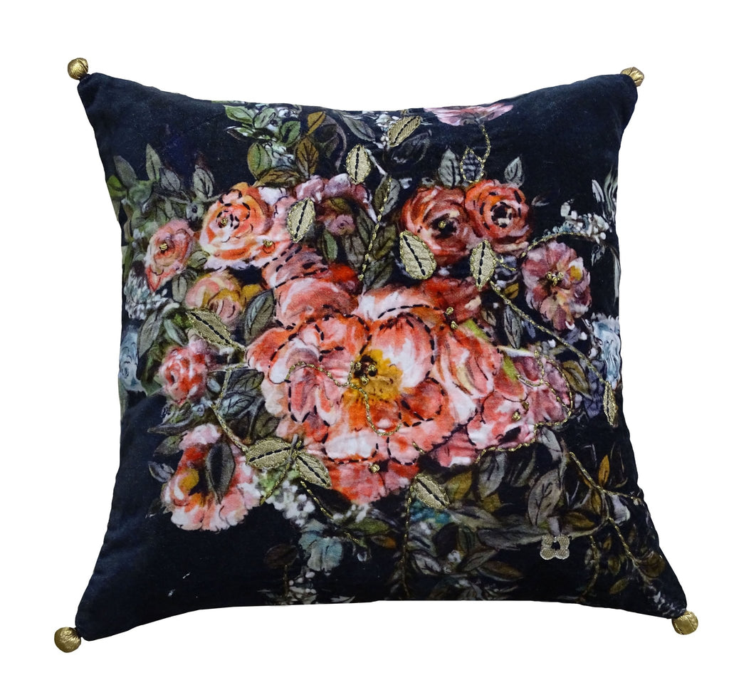Black Velvet Throw Pillow Fall Collection Winter Roase 18" x 18" by Vibhsa