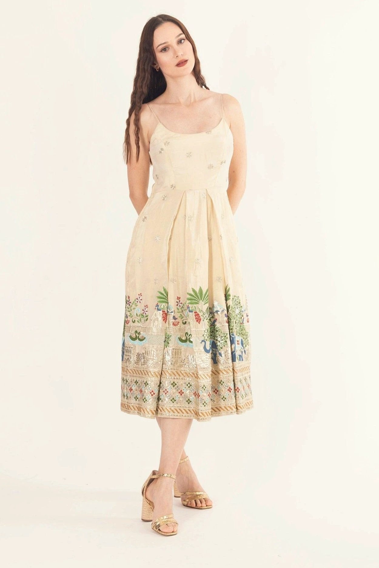 Blanche Beige Midi Dress with Embroidery by Raas