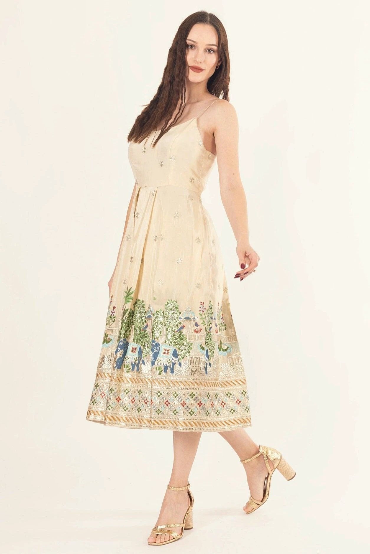 Blanche Beige Midi Dress with Embroidery by Raas