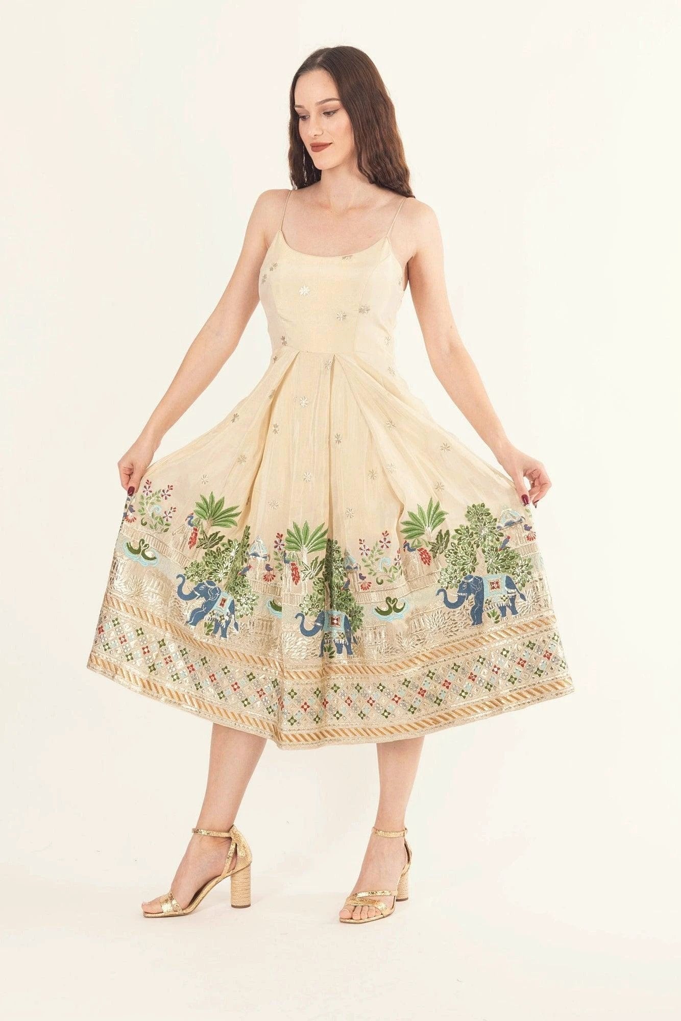 Blanche Beige Midi Dress with Embroidery by Raas