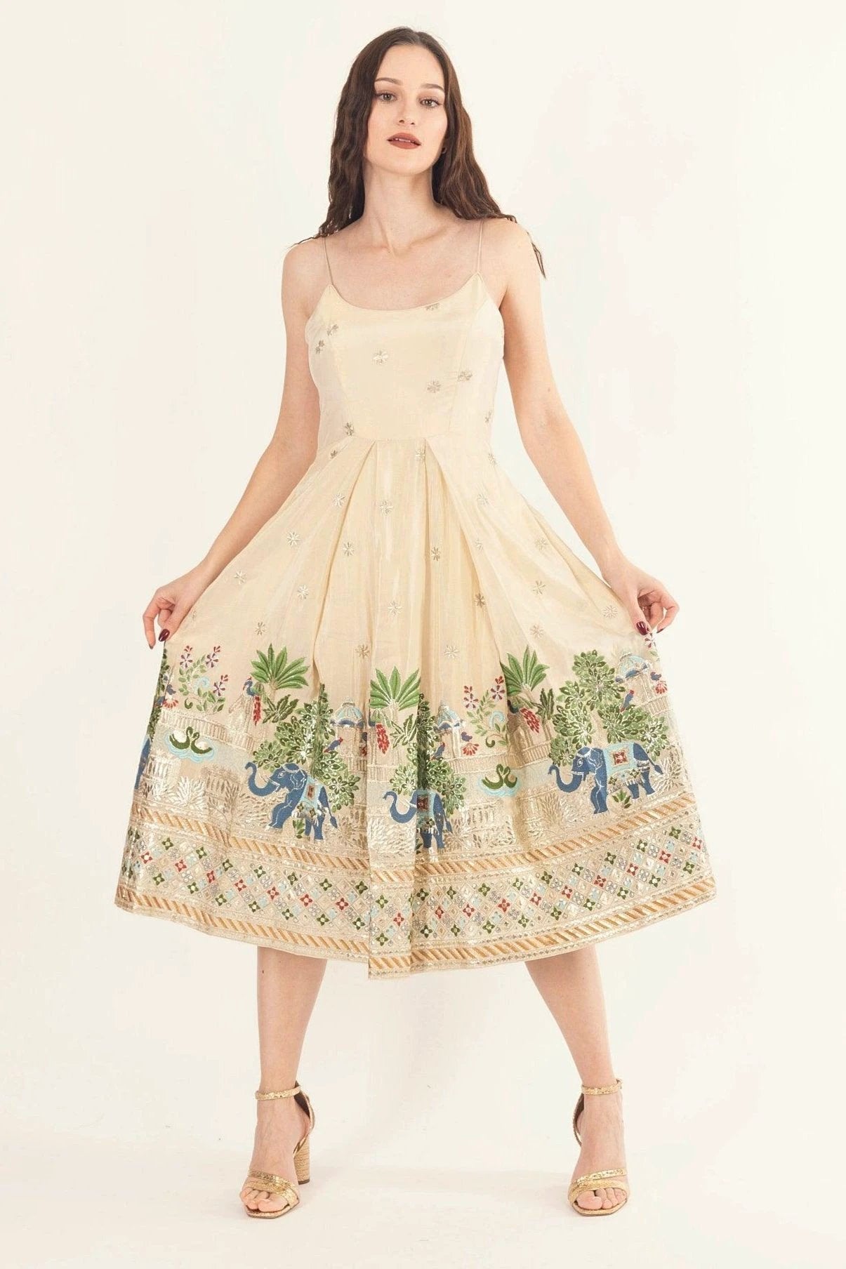 Blanche Beige Midi Dress with Embroidery by Raas