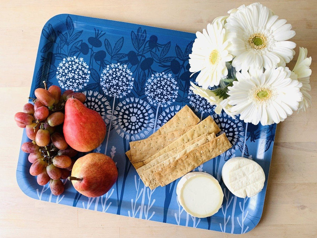 Bloom in Blue Tray | wood and melamine | 17" x 13" | Sweetgum tray La Vie Bien Bloom in Blue Tray | wood and melamine | 17" x 13" | Sweetgum