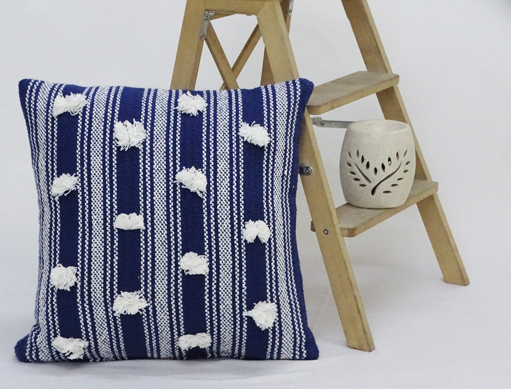 Blue 20" X 20" Decorative Throw Pillow with Pom Pom Throw Pillow La Vie Bien Blue 20" X 20" Decorative Throw Pillow with Pom Pom