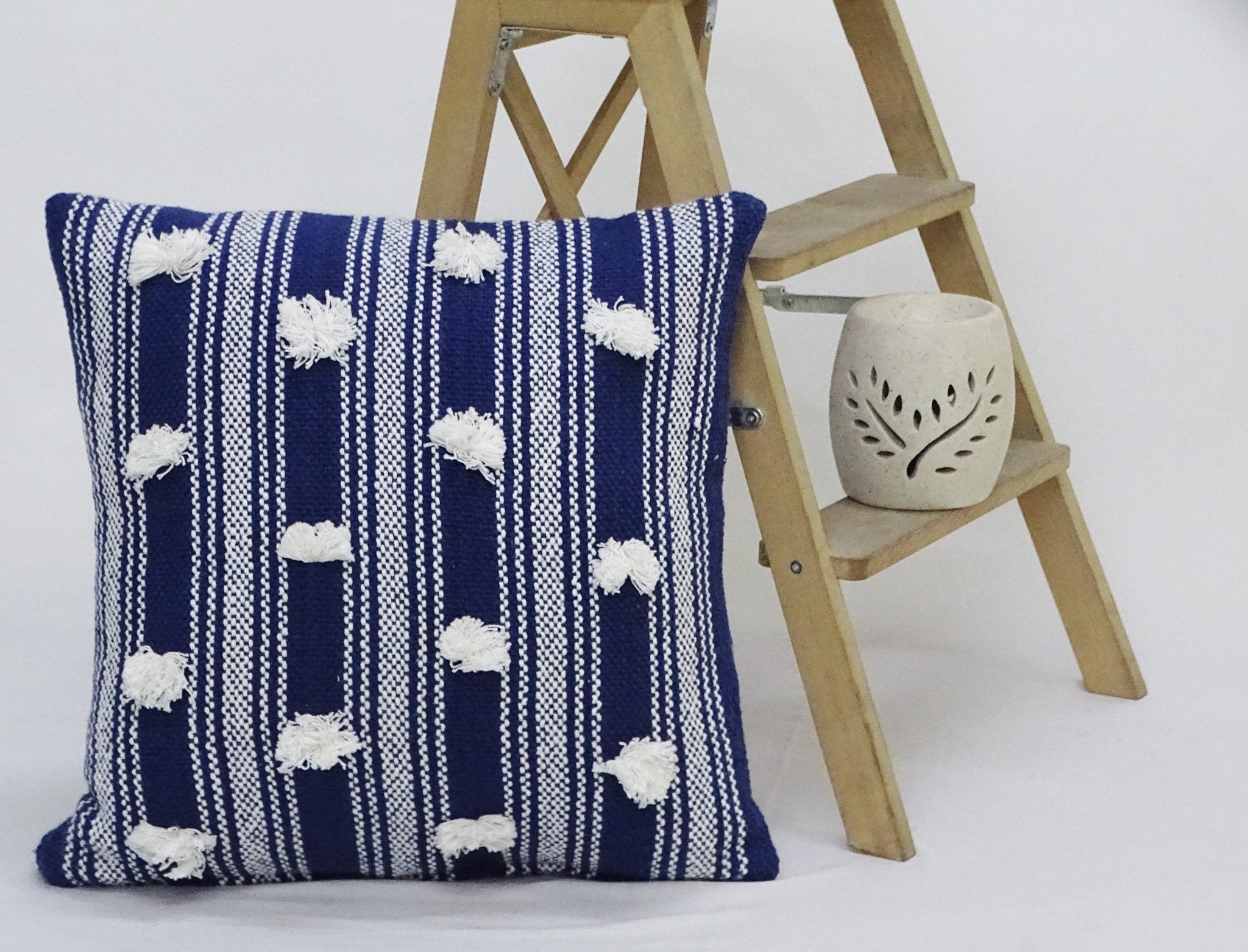 Blue 20" X 20" Decorative Throw Pillow with Pom Pom Throw Pillow La Vie Bien Blue 20" X 20" Decorative Throw Pillow with Pom Pom