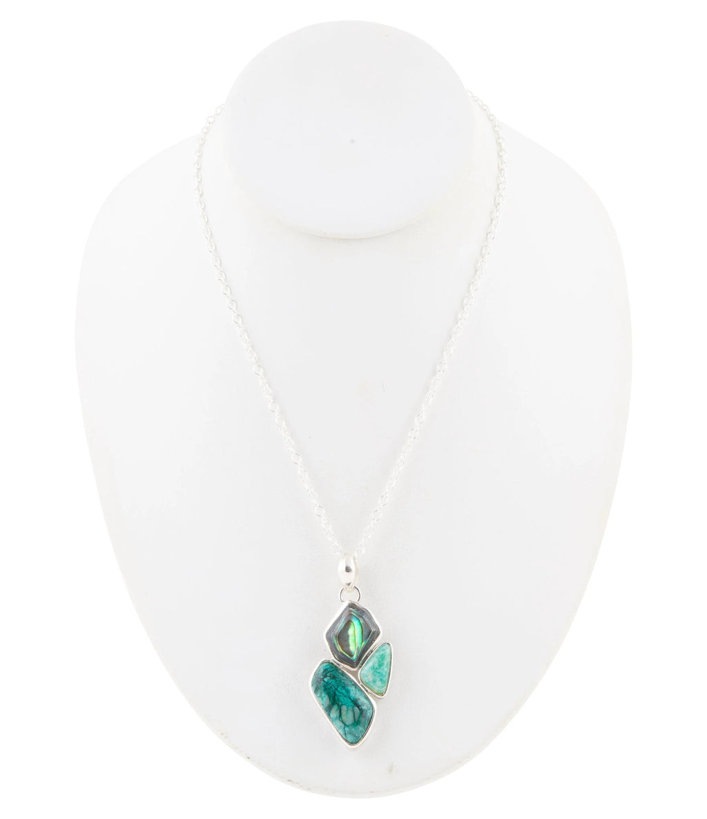 Blue Abalone Fire Sterling Silver Cluster Pendant Necklace by Barse Jewelry