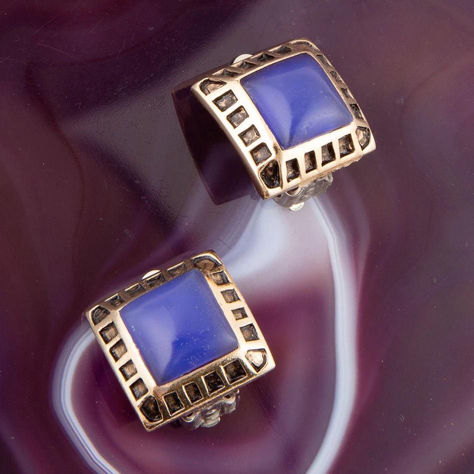 Blue Agate Golden Clip Earrings by Barse Jewelry
