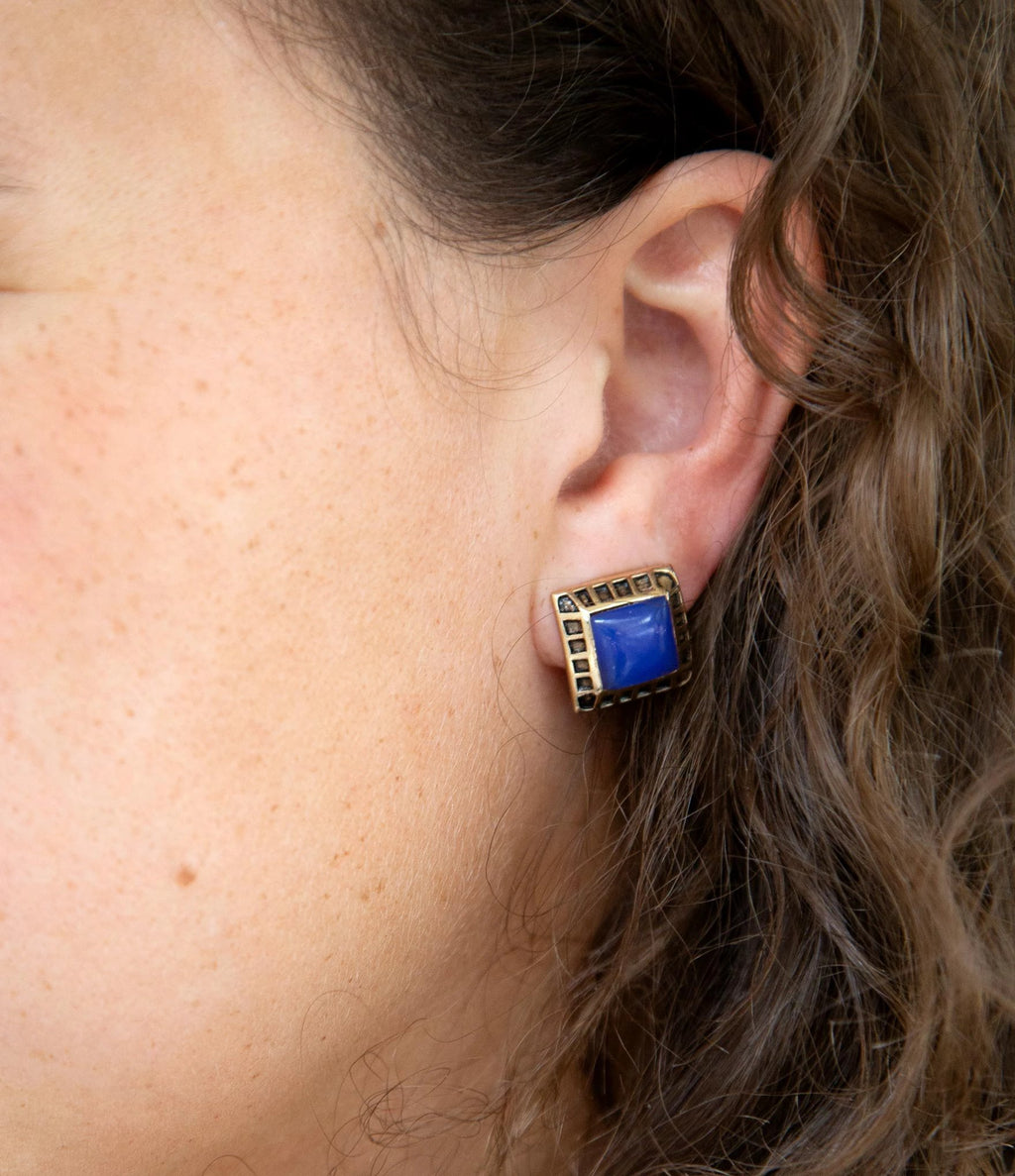 Blue Agate Golden Clip Earrings by Barse Jewelry