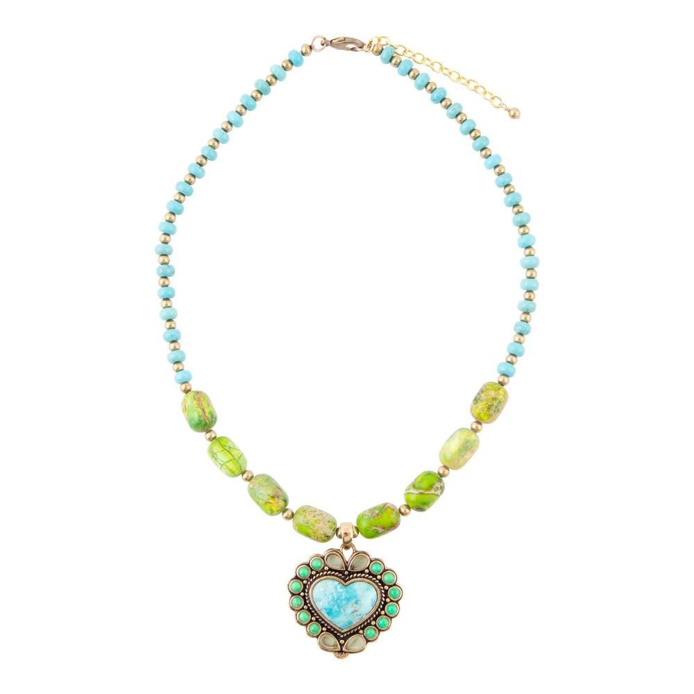 Legacy Heart Lime Green and Blue Turquoise Golden Pendant Necklace by Barse Jewelry