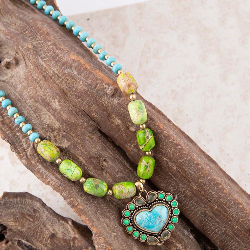 Legacy Heart Lime Green and Blue Turquoise Golden Pendant Necklace by Barse Jewelry