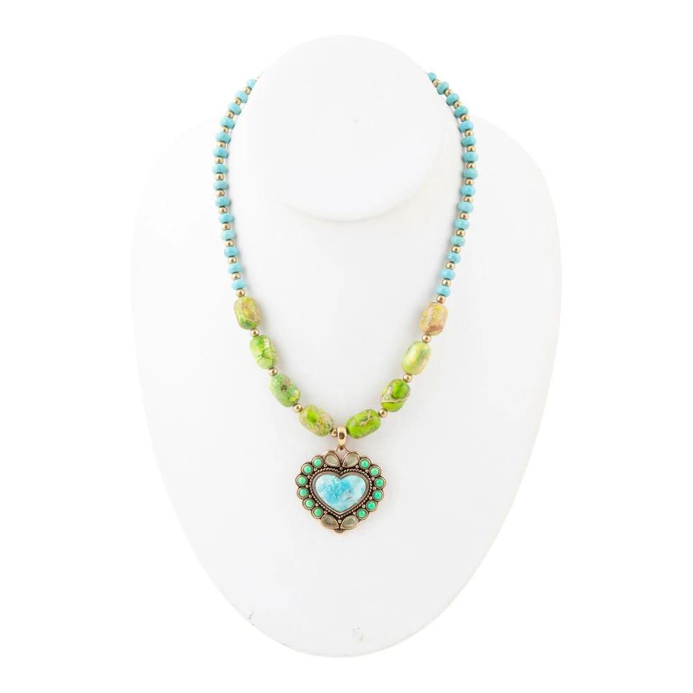 Legacy Heart Lime Green and Blue Turquoise Golden Pendant Necklace by Barse Jewelry