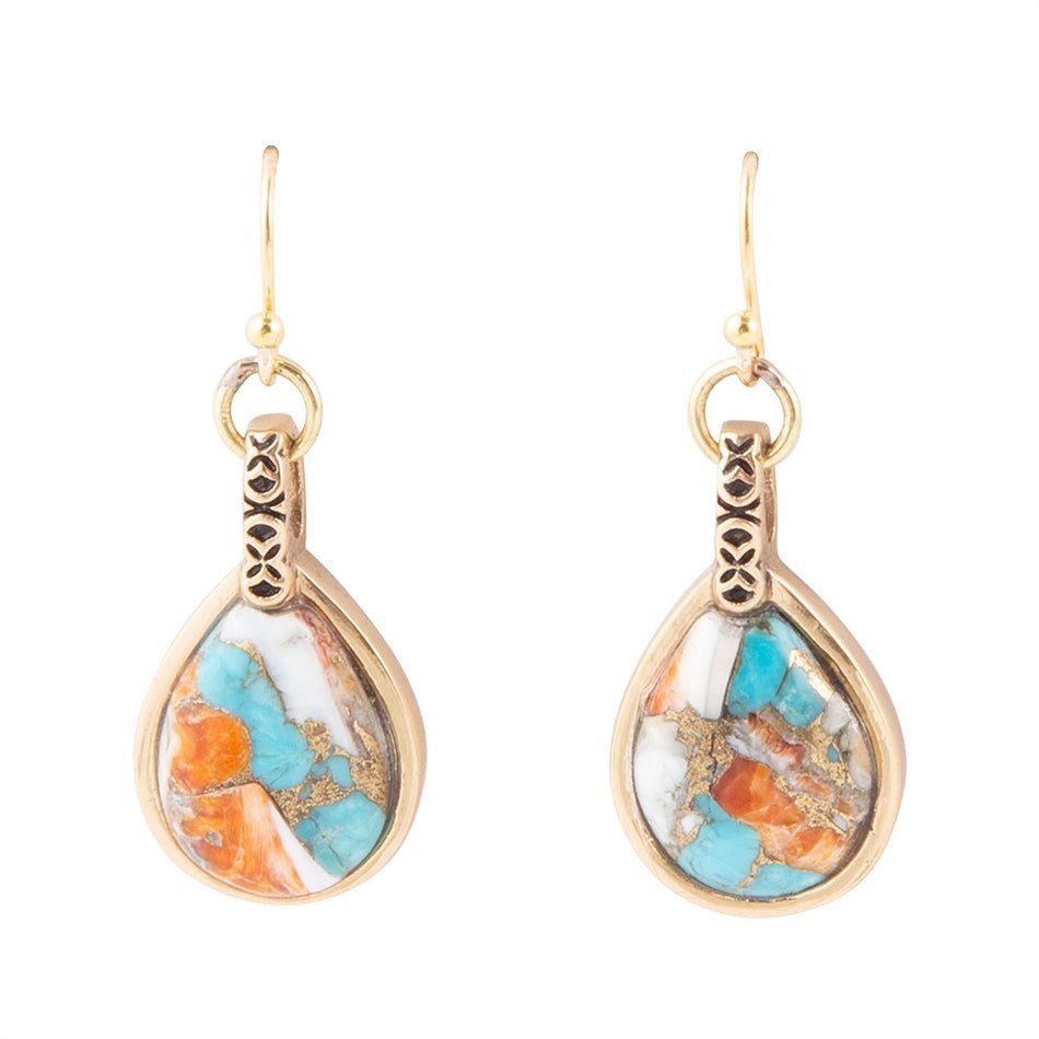 Blue and Orange Turquoise and Spiny Oyster Shell Stone Mix Golden Earrings Earrings La Vie Bien Blue and Orange Turquoise and Spiny Oyster Shell Stone Mix Golden Earrings