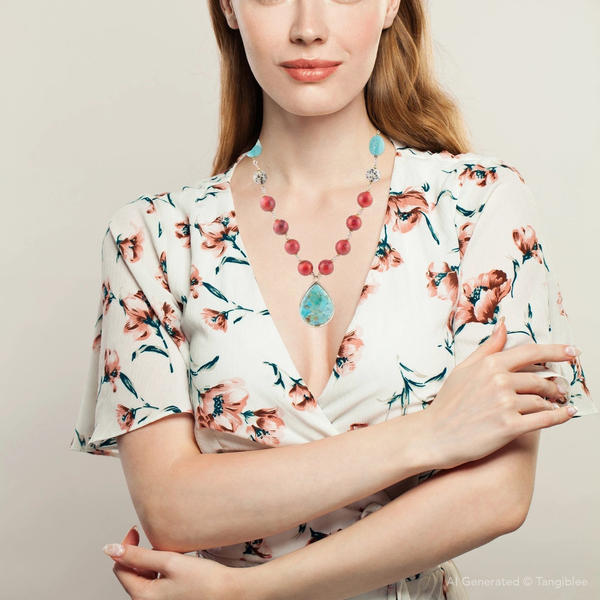 Blue and Red Turquoise Teardrop Golden Necklace by Barse Jewelry