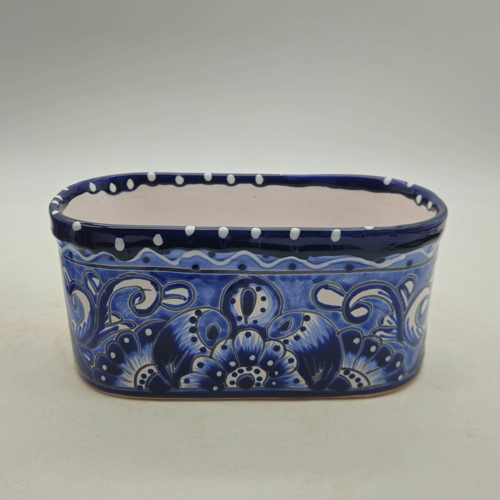 Blue and White Oval Talavera Planter | Mexican Ceramic Pot