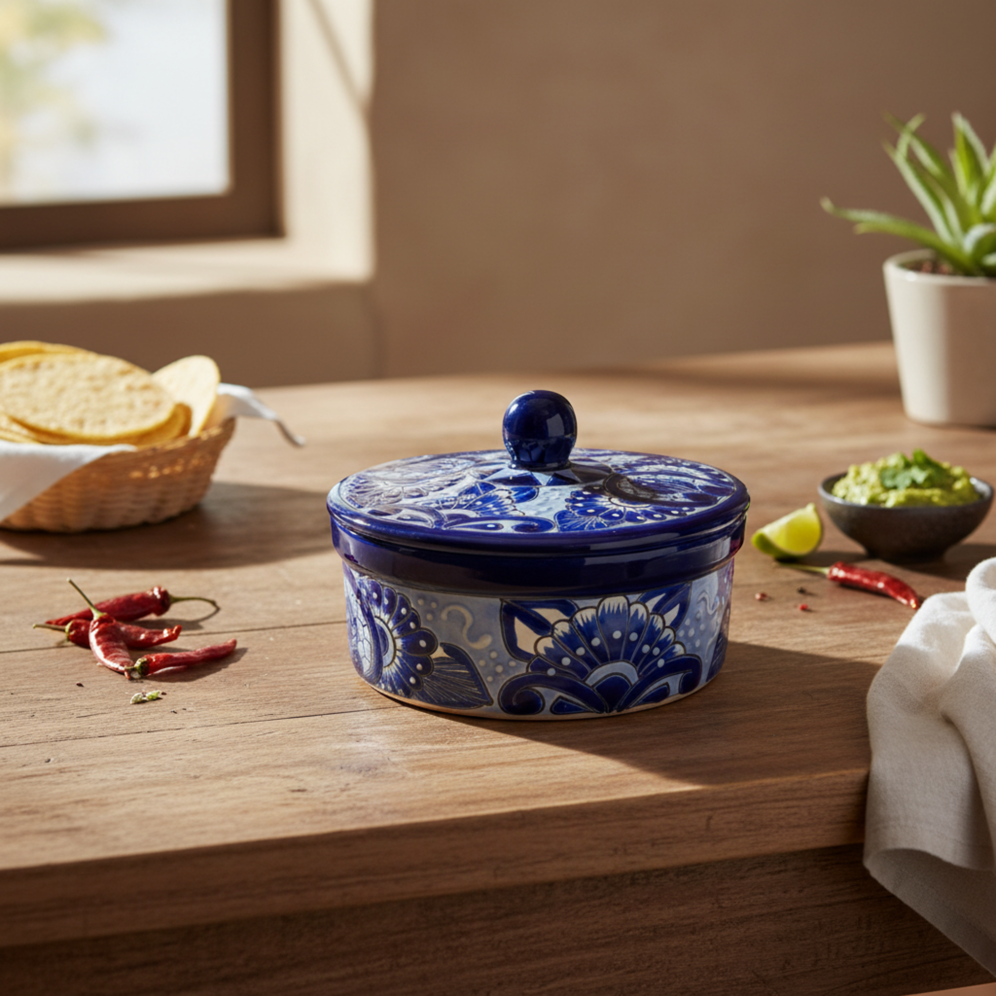 Blue & White Talavera Tortilla Warmer | Handmade Mexican Kitchenware