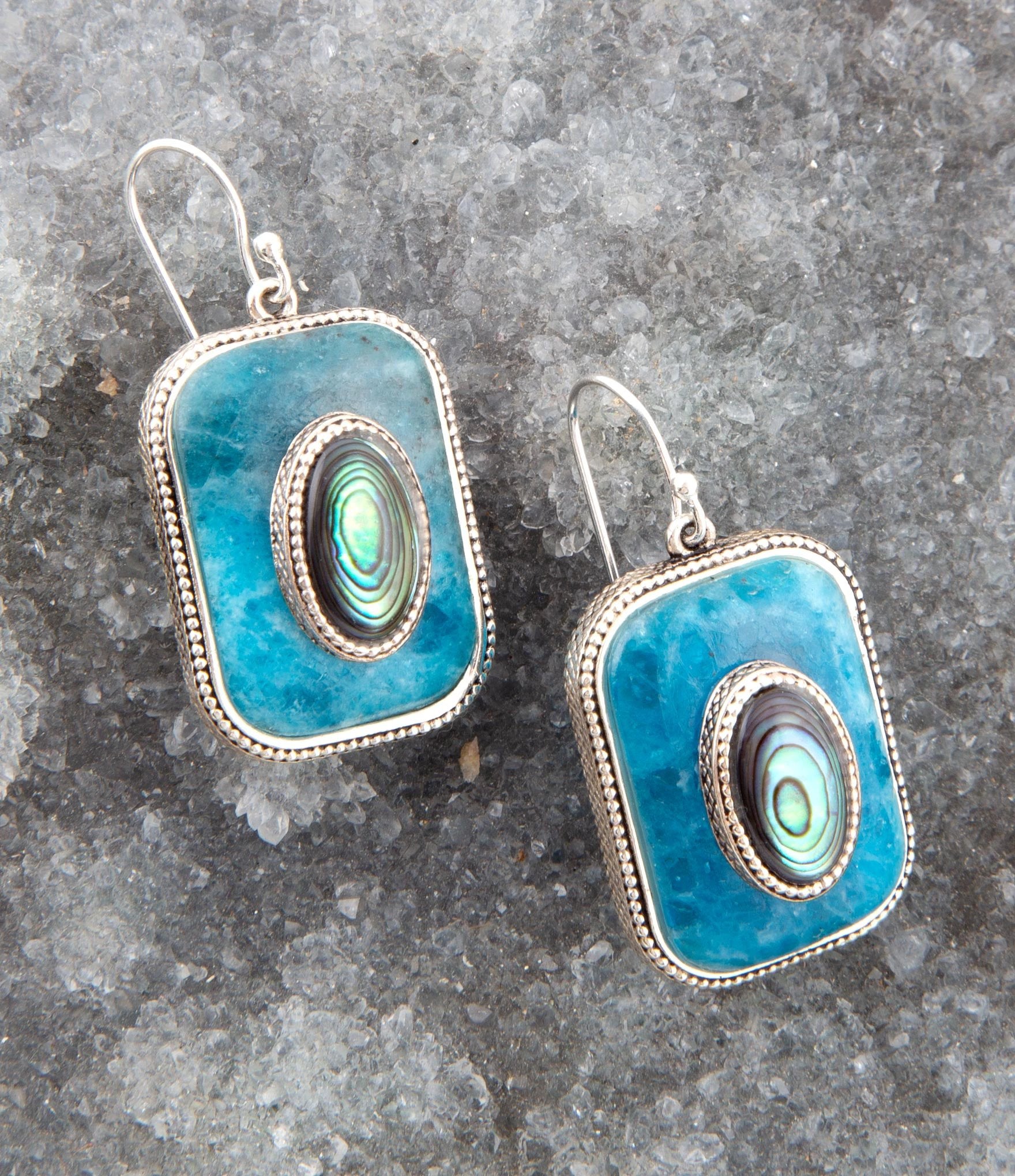 Blue Apatite and Abalone Stacked Sterling Silver Earrings by Barse Jewelry