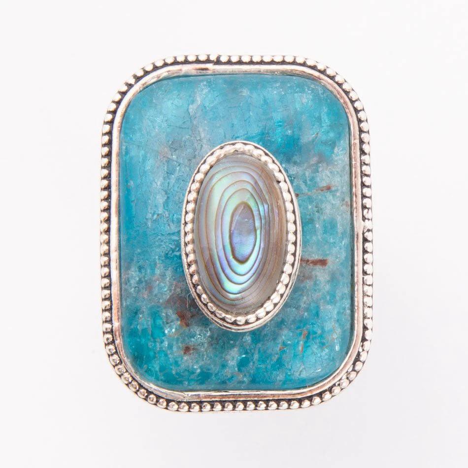 Blue Apatite and Abalone Stacked Sterling Silver Ring by Barse Jewelry