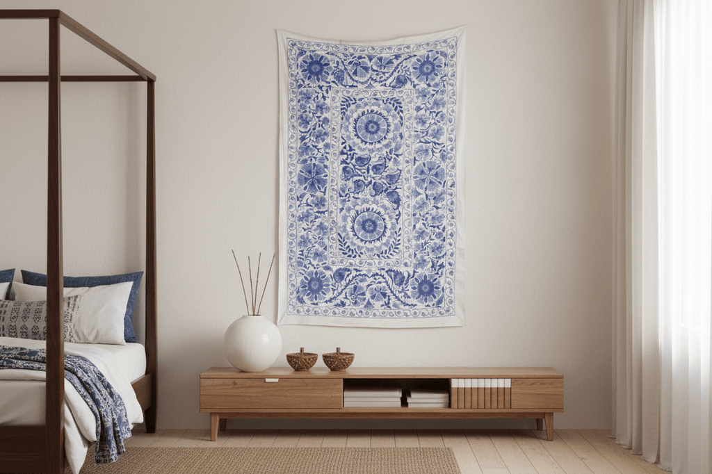 Blue Blossom Uzbek Suzani Throw Vintage and Folk La Vie Bien Blue Blossom Uzbek Suzani Throw