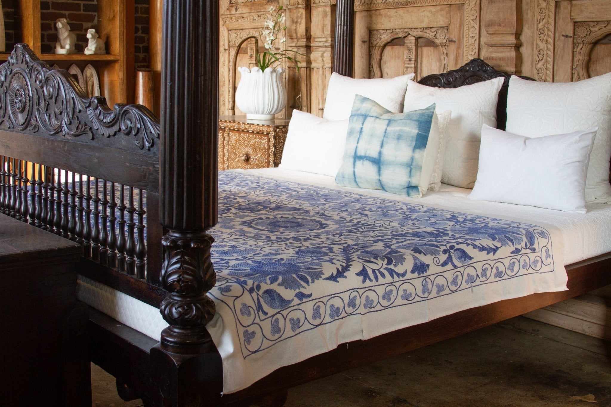 Blue Blossom Uzbek Suzani Throw Vintage and Folk La Vie Bien Blue Blossom Uzbek Suzani Throw