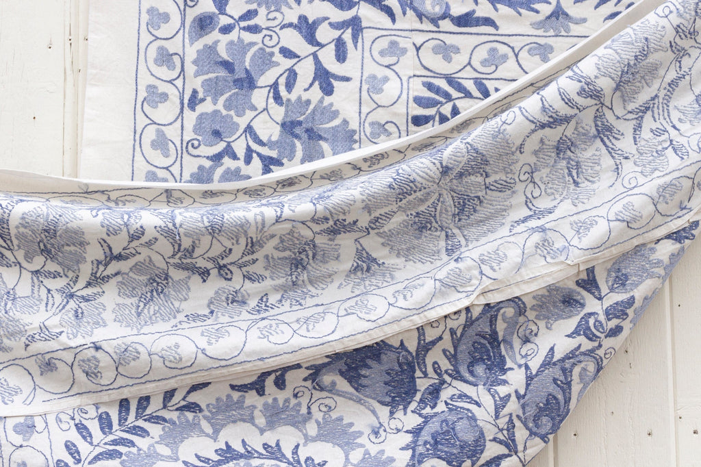 Blue Blossom Uzbek Suzani Throw Vintage and Folk La Vie Bien Blue Blossom Uzbek Suzani Throw