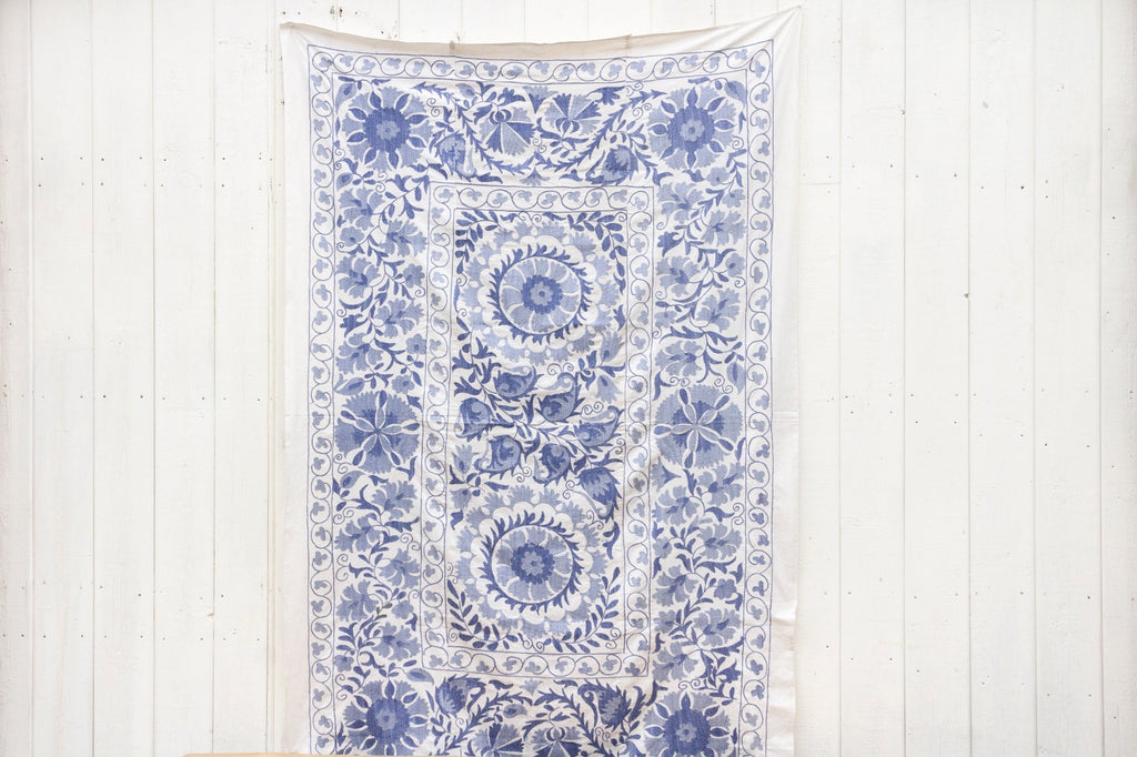 Blue Blossom Uzbek Suzani Throw Vintage and Folk La Vie Bien Blue Blossom Uzbek Suzani Throw