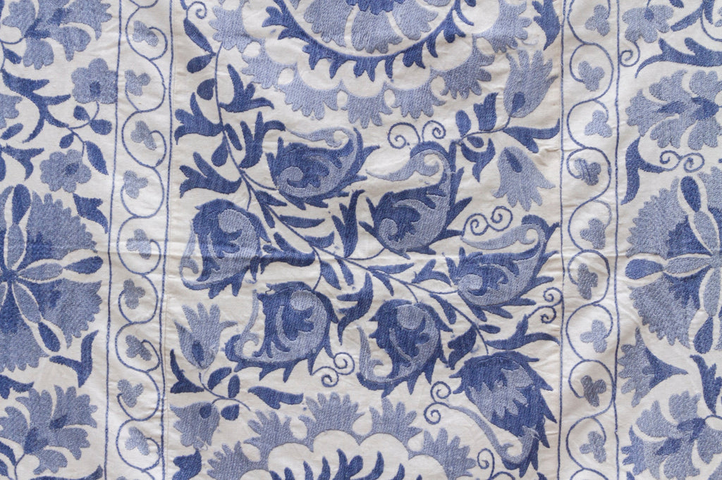 Blue Blossom Uzbek Suzani Throw Vintage and Folk La Vie Bien Blue Blossom Uzbek Suzani Throw