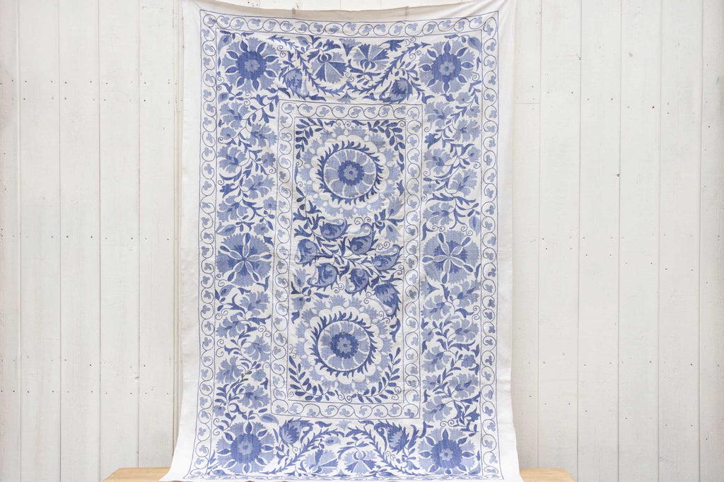 Blue Blossom Uzbek Suzani Throw Vintage and Folk La Vie Bien Blue Blossom Uzbek Suzani Throw