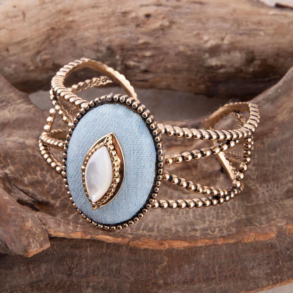 Blue Denim Dreams White Mother of Pearl Golden Cuff Bracelet by Barse Jewelry