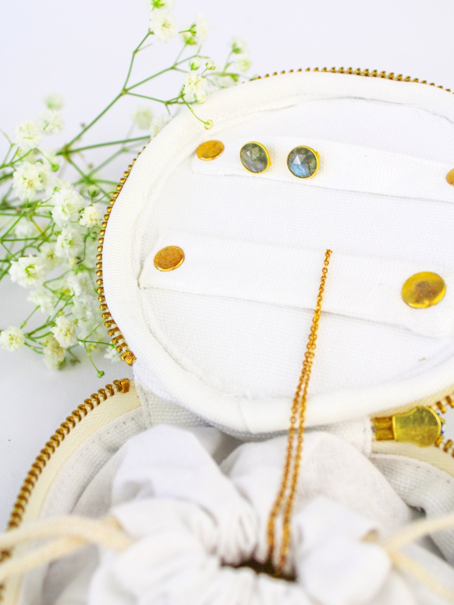 Blue Ditsy Print Jewelry Pouch by Ash & Rose