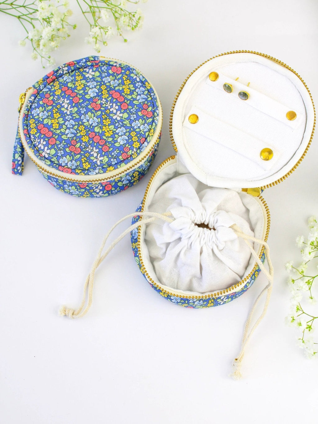 Blue Ditsy Print Jewelry Pouch by Ash & Rose