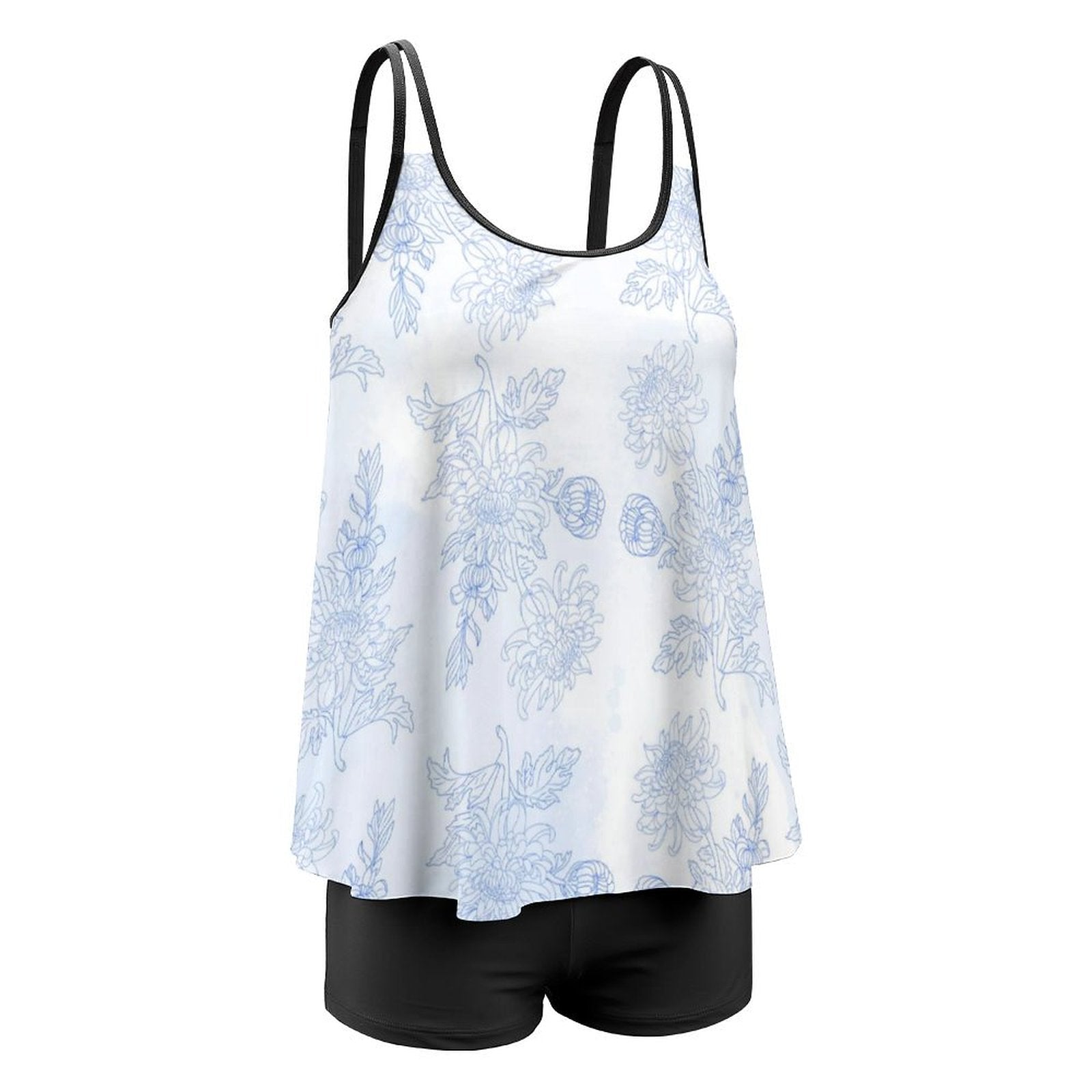 Blue floral Plus Size Women's Tankini 2-Piece Swimsuit - Light blue and white top with black shorts tankini La Vie Bien Blue floral Plus Size Women's Tankini 2-Piece Swimsuit - Light blue and white top with black shorts