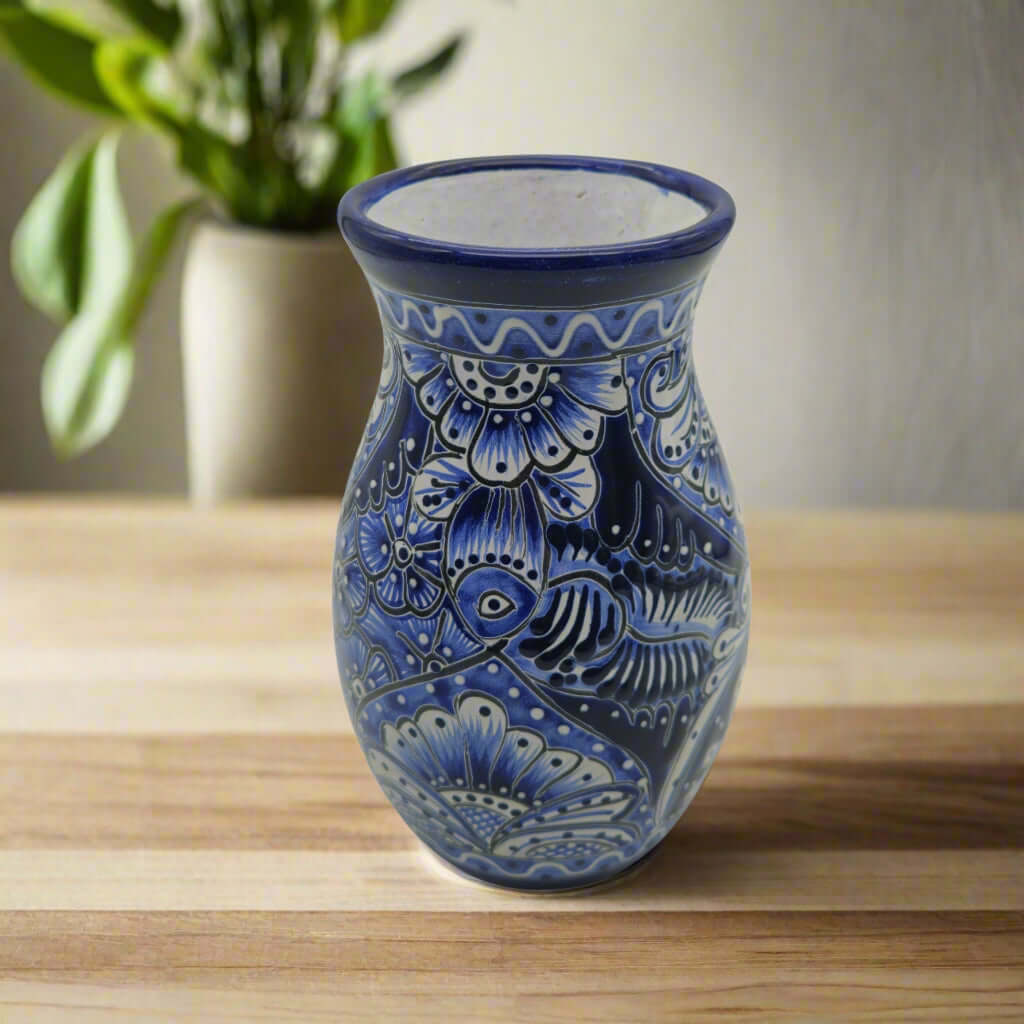 Blue Floral Talavera Vase | Hand - Painted Mexican Pottery Talavera Planter La Vie Bien Blue Floral Talavera Vase | Hand - Painted Mexican Pottery