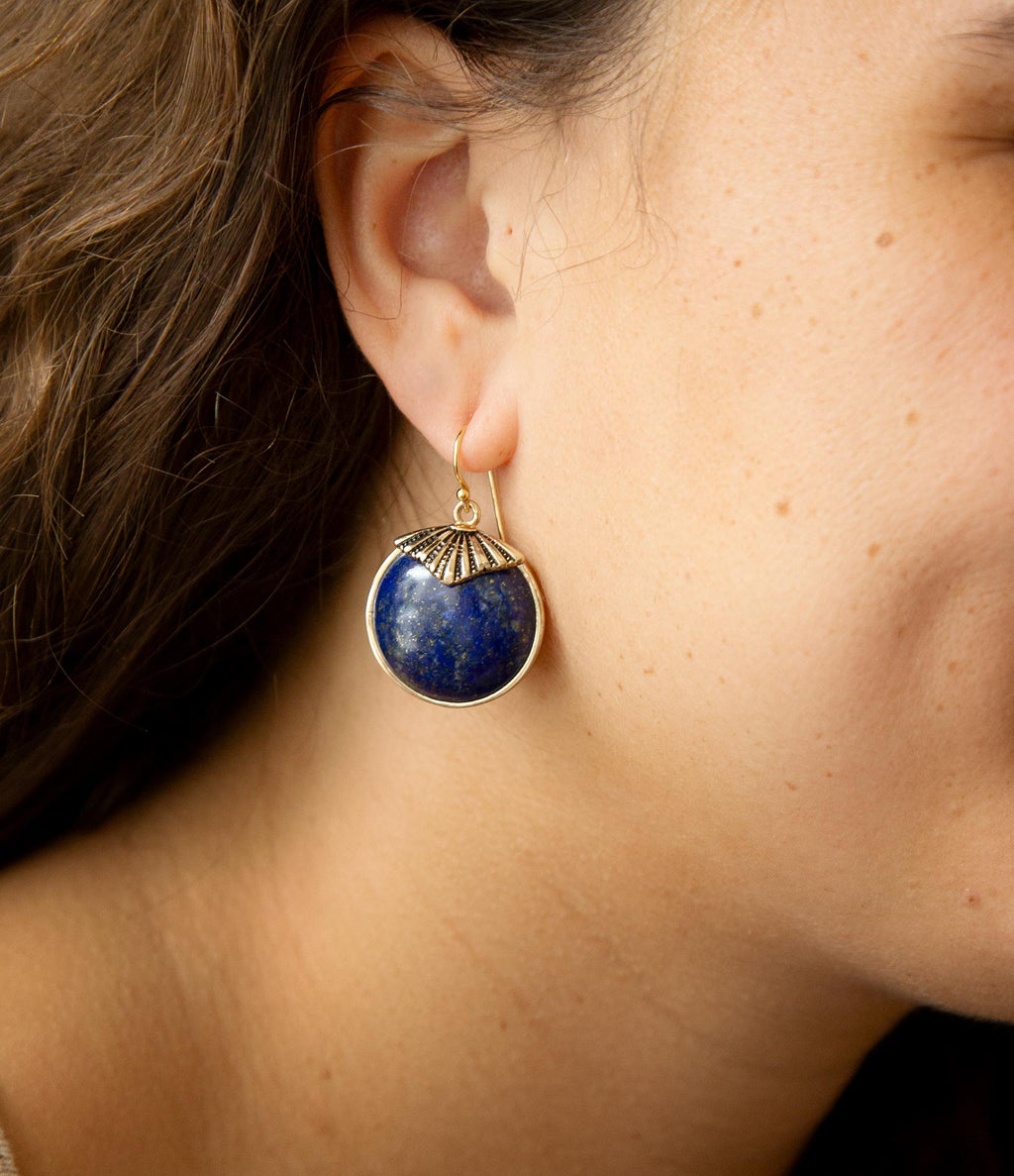 Blue Lapis Circle Golden Drop Earings by Barse Jewelry