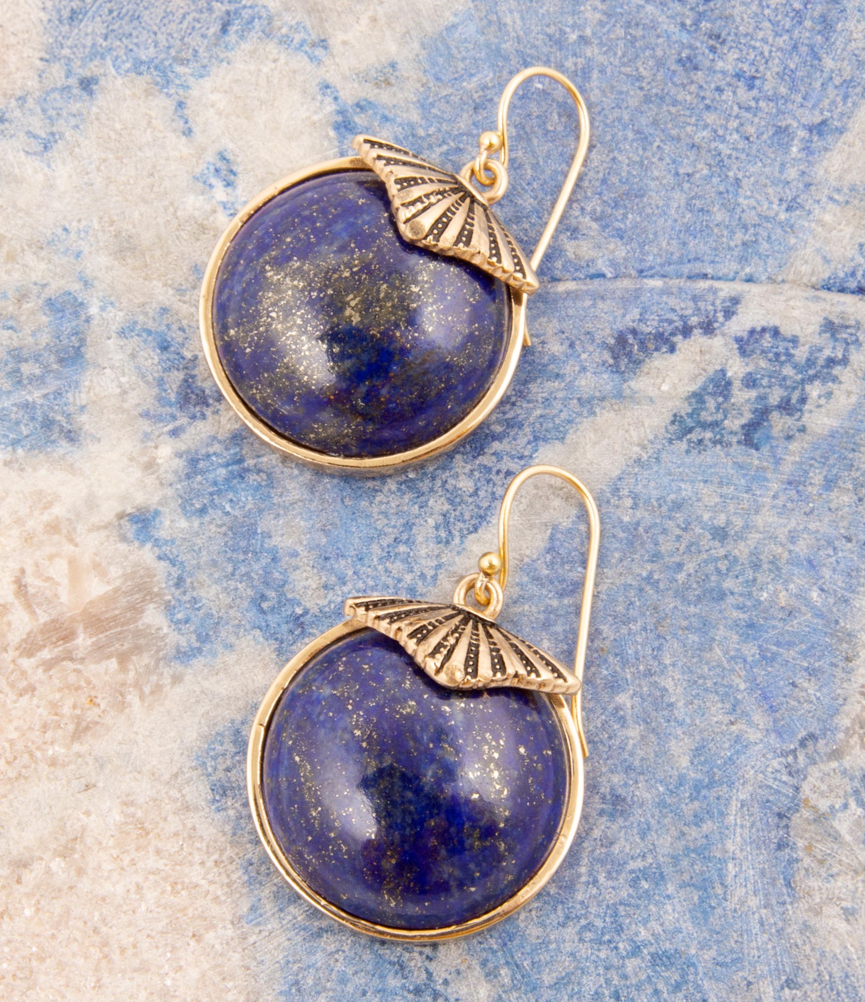 Blue Lapis Circle Golden Drop Earings by Barse Jewelry