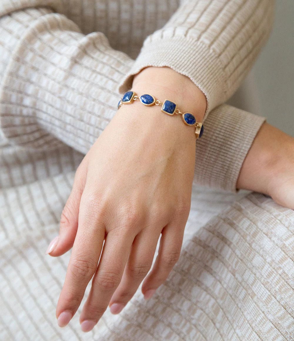 Blue Lapis Hammered Link Golden Bracelet by Barse Jewelry
