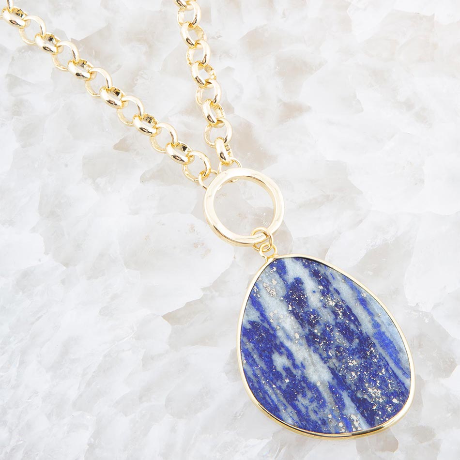 Blue Lapis Slab Pendant Golden Necklace Necklaces La Vie Bien Blue Lapis Slab Pendant Golden Necklace