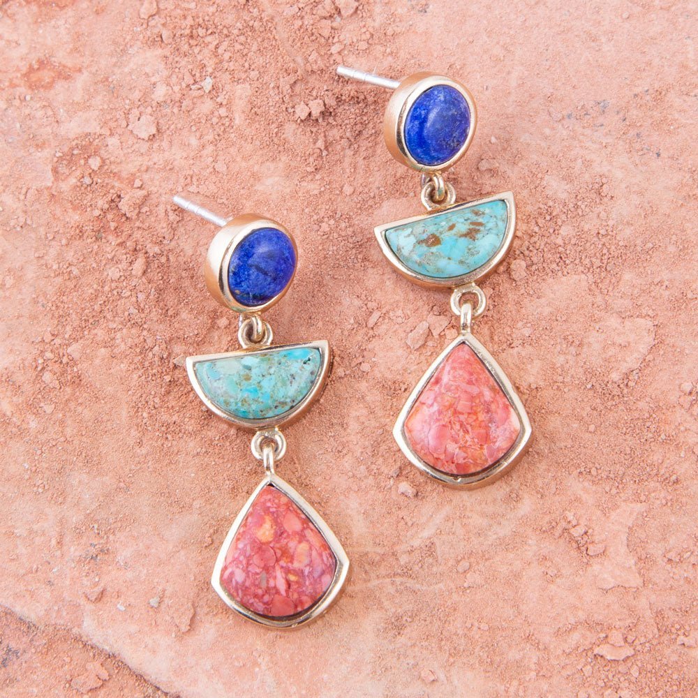 Blue Lapis Turquoise and Orange Sponge Coral Colorful Golden Drop Earrings Earrings La Vie Bien Blue Lapis Turquoise and Orange Sponge Coral Colorful Golden Drop Earrings