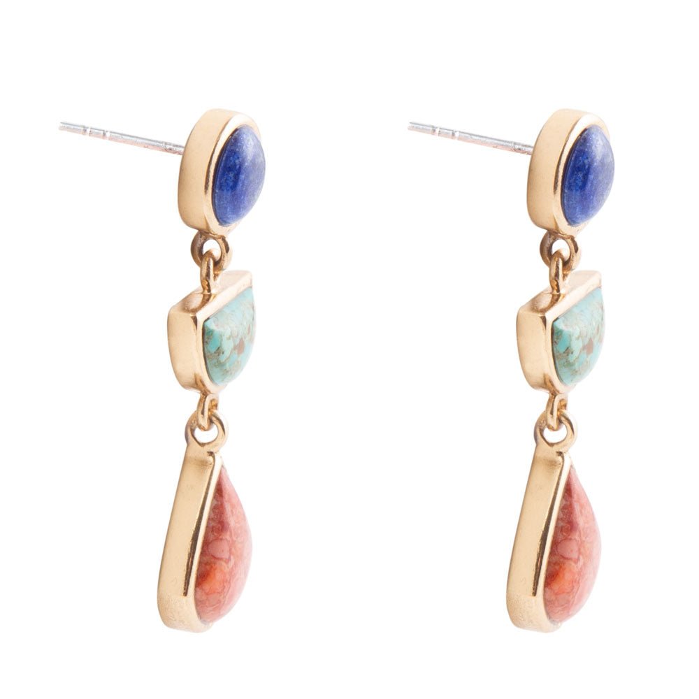 Blue Lapis Turquoise and Orange Sponge Coral Colorful Golden Drop Earrings Earrings La Vie Bien Blue Lapis Turquoise and Orange Sponge Coral Colorful Golden Drop Earrings