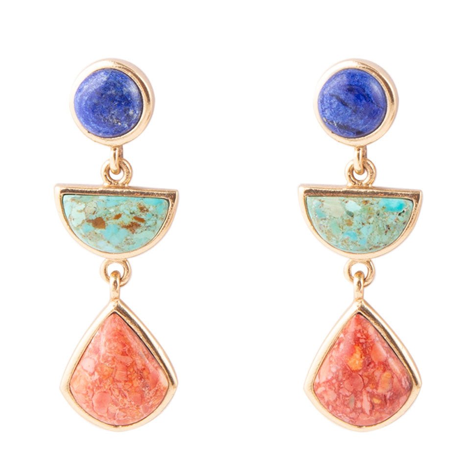 Blue Lapis Turquoise and Orange Sponge Coral Colorful Golden Drop Earrings Earrings La Vie Bien Blue Lapis Turquoise and Orange Sponge Coral Colorful Golden Drop Earrings