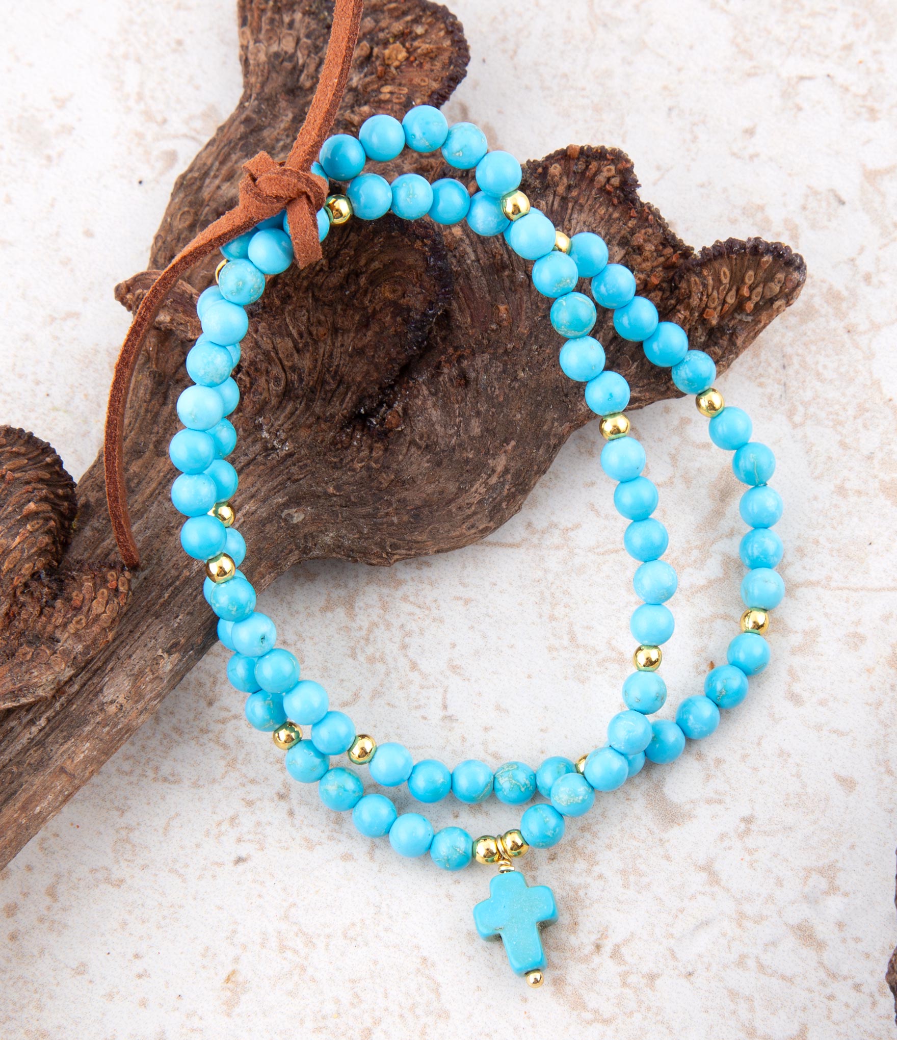 Blue Magnesite Golden Charm Stretch Bracelet Set