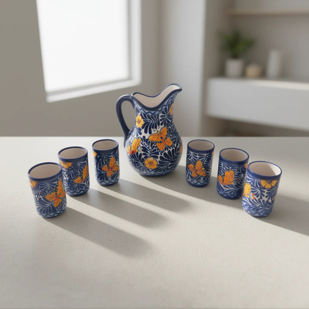 Blue Monarch Talavera Pitcher Set | Mexican Ceramic Drinkware Handmade Pitcher La Vie Bien Blue Monarch Talavera Pitcher Set | Mexican Ceramic Drinkware
